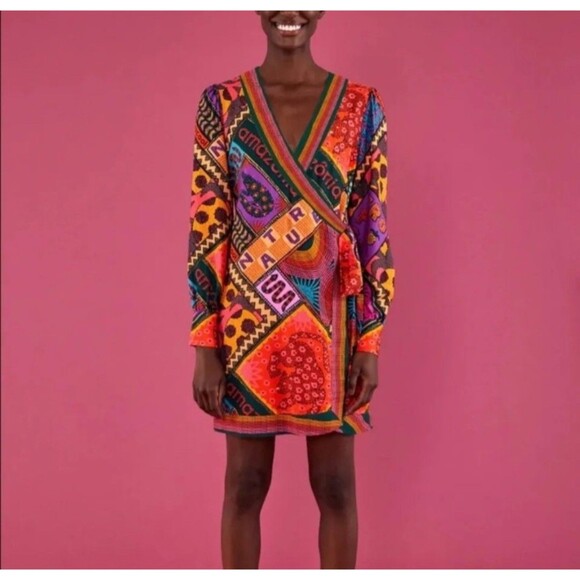 Farm Rio Dotted Patch Scarf Mini Dress S Small Wrap Tassel Tie Mixed Print $225 - Picture 3 of 13